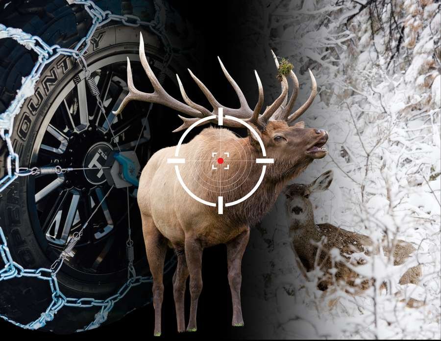 Elk and mule deer in the backcountry, framed in a rifle scope, over a Kranken tensioner mounted on a snow tire